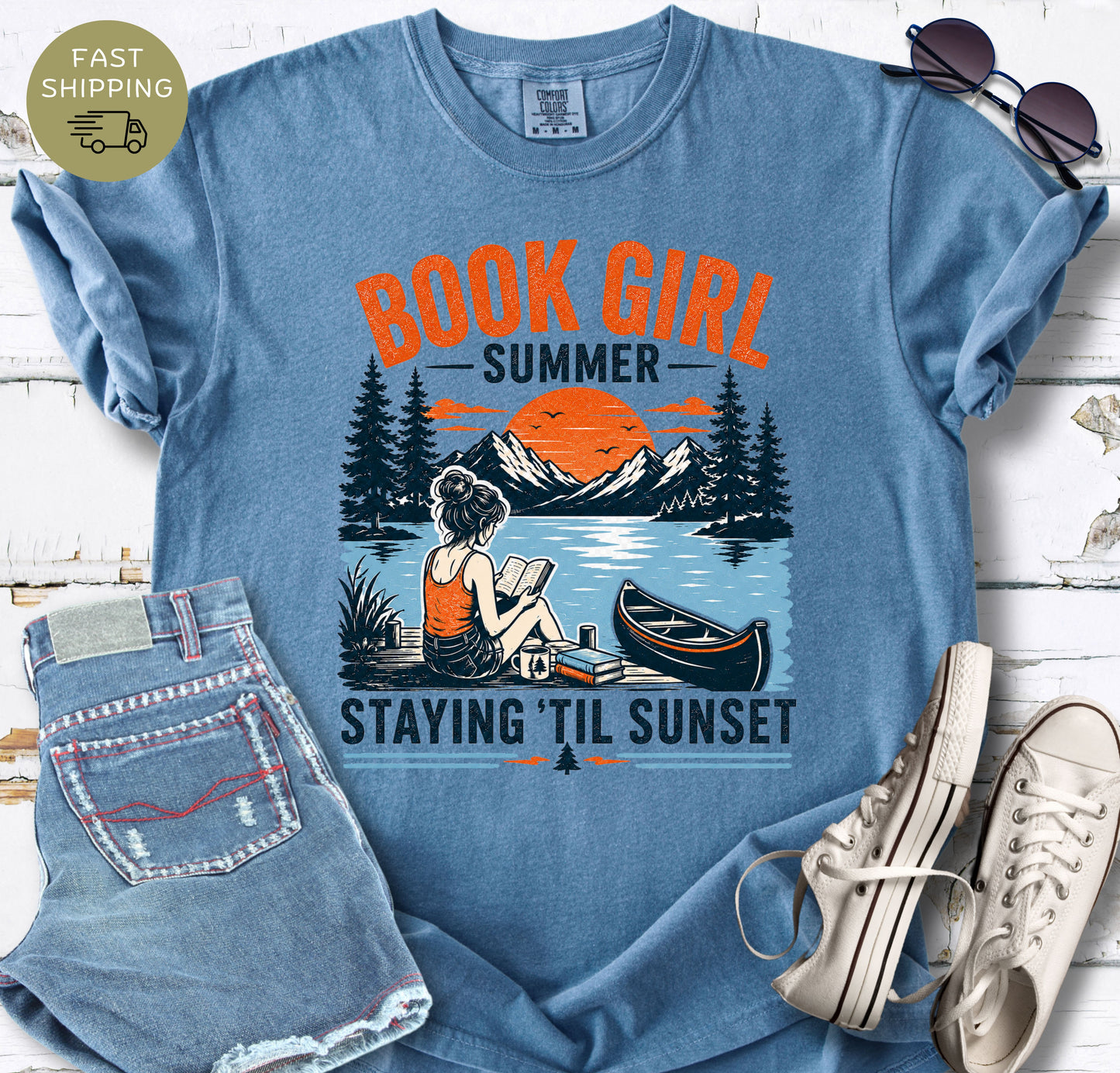 Cozy lake life reader shirt with canoe and mountain scene