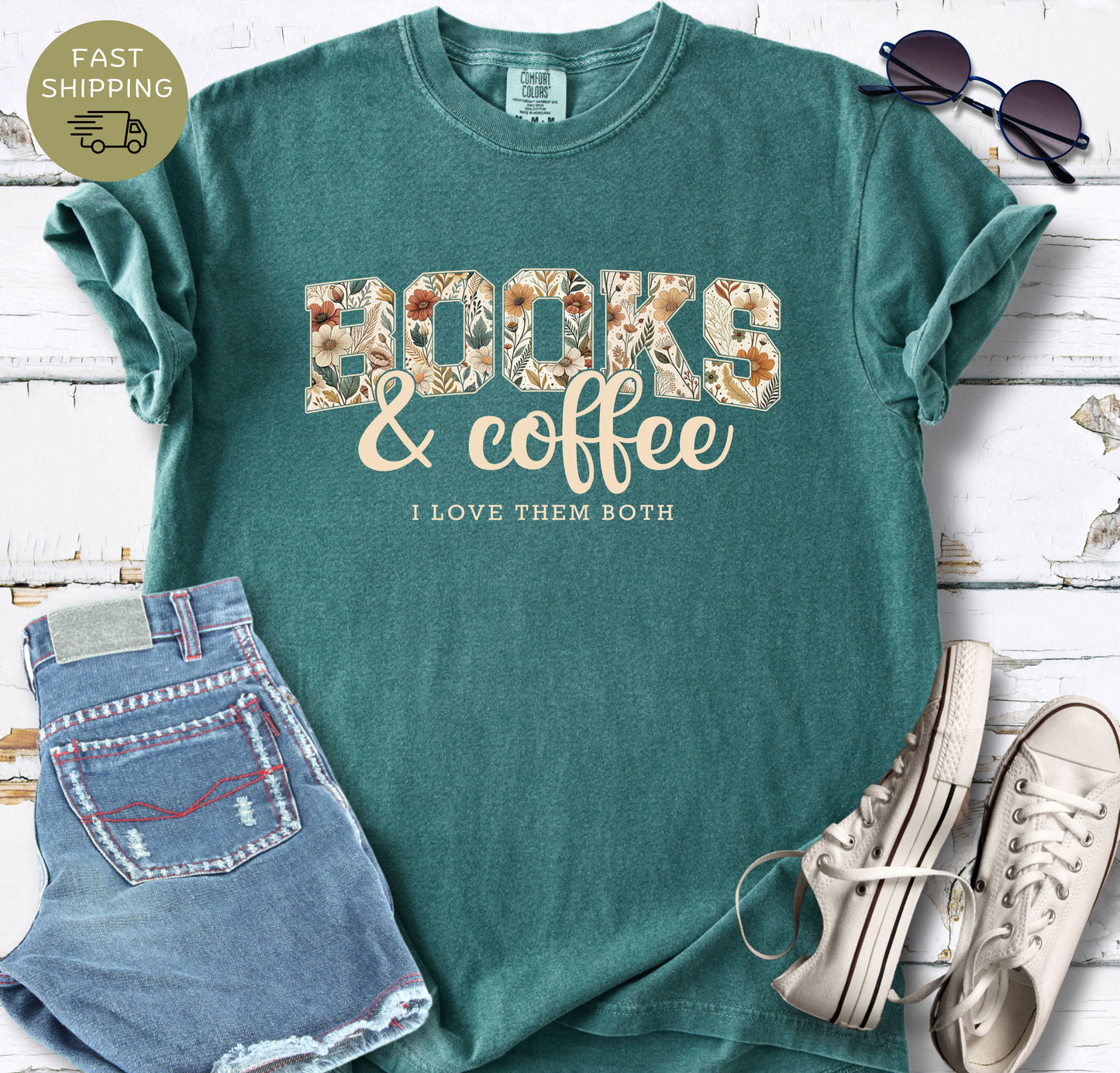 Comfort Colors blue spruce tee with floral books and coffee graphic