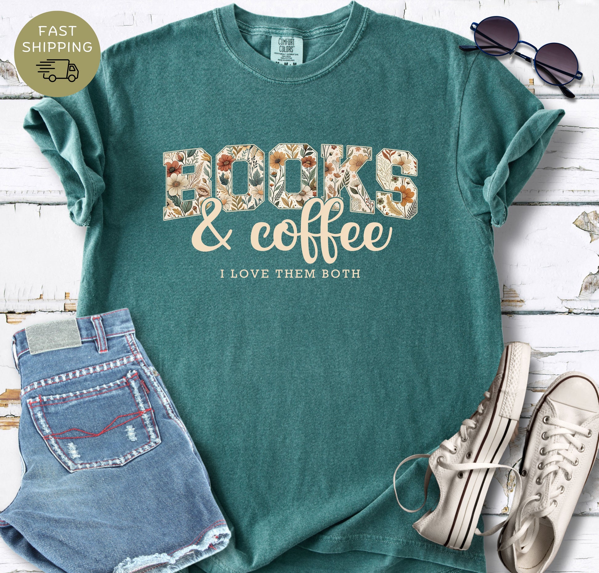 Comfort Colors blue spruce tee with floral books and coffee graphic