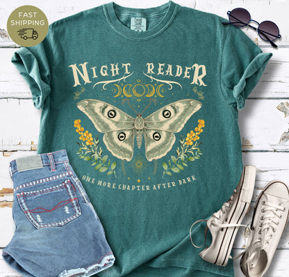 Comfort Colors reader tee with moon phases, stars, flowers and a vintage-inspired moth design.