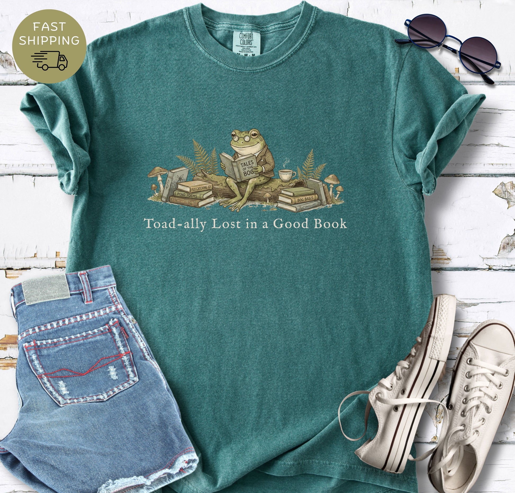 Comfort Colors blue spruce tee with frog reading books cottagecore design