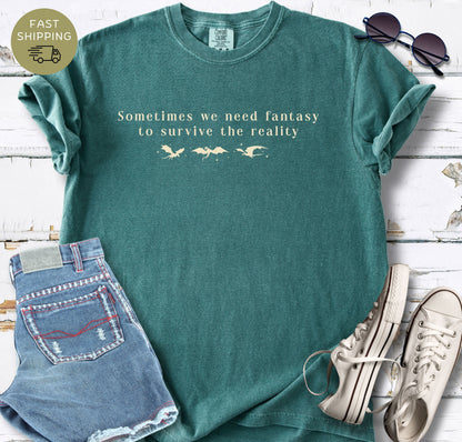 Romantasy reader gift shirt with simple bookish quote and tiny dragon artwork.