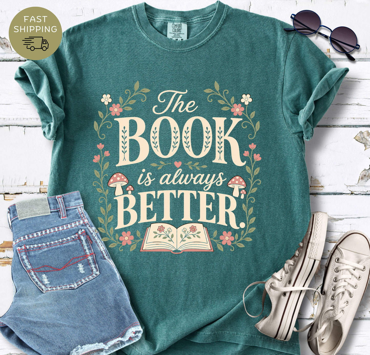 Cozy book lover t-shirt featuring cottage core style artwork and reading quote