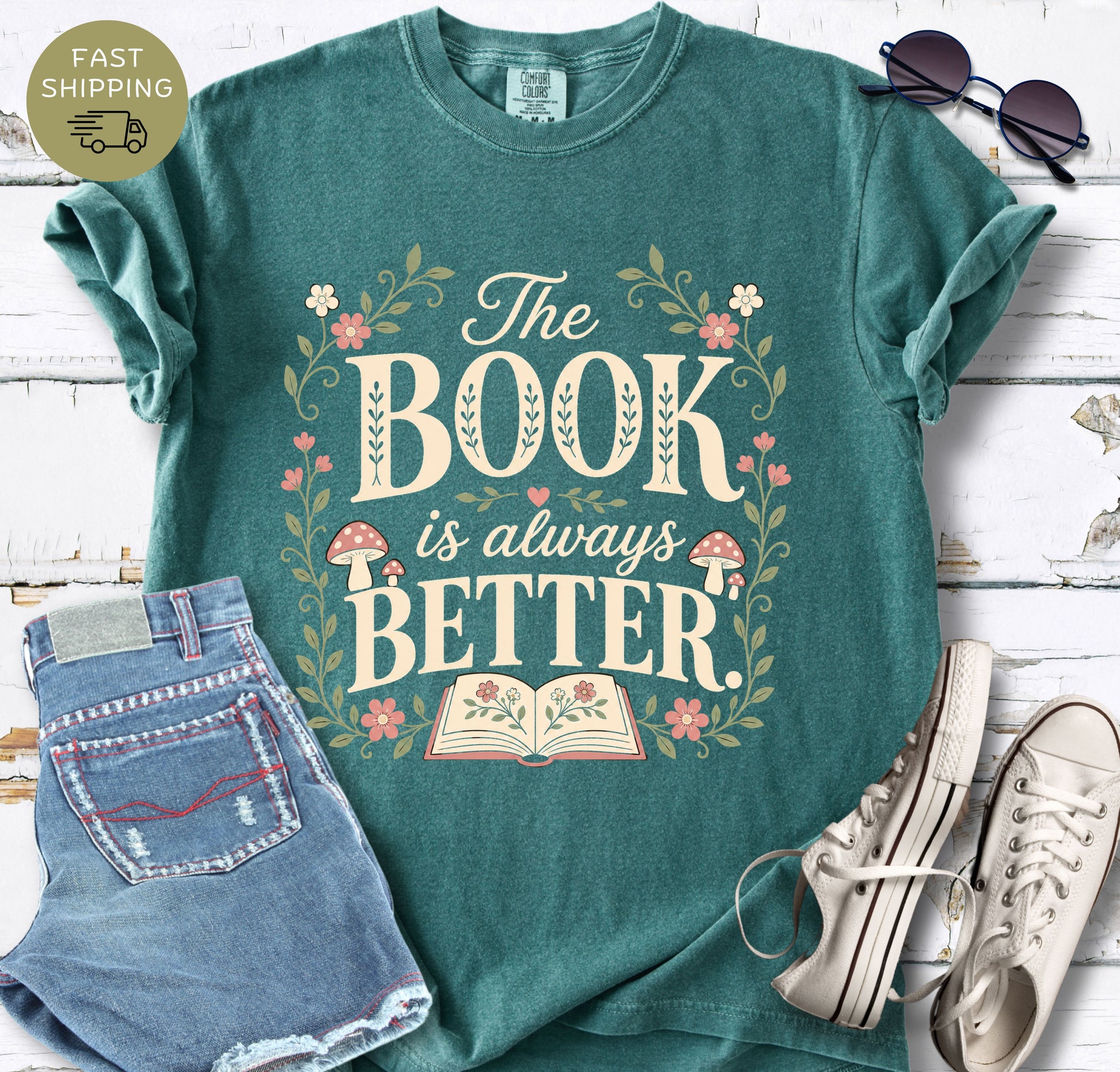 Cozy book lover t-shirt featuring cottage core style artwork and reading quote