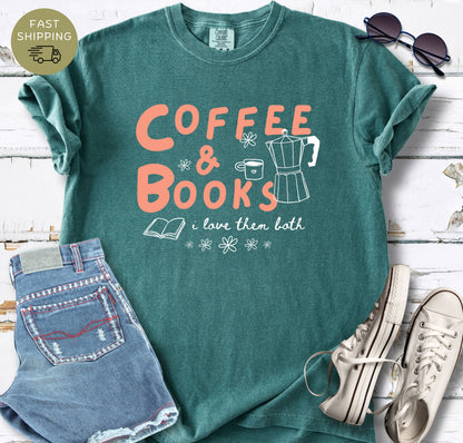 Blue spruce garment-dyed graphic tee with coffee pot, coffee cup and book illustrations for book lovers.