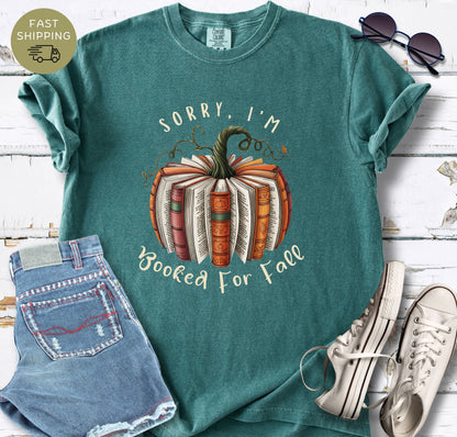 Autumn book club t-shirt with playful Sorry I’m Booked for Fall quote.