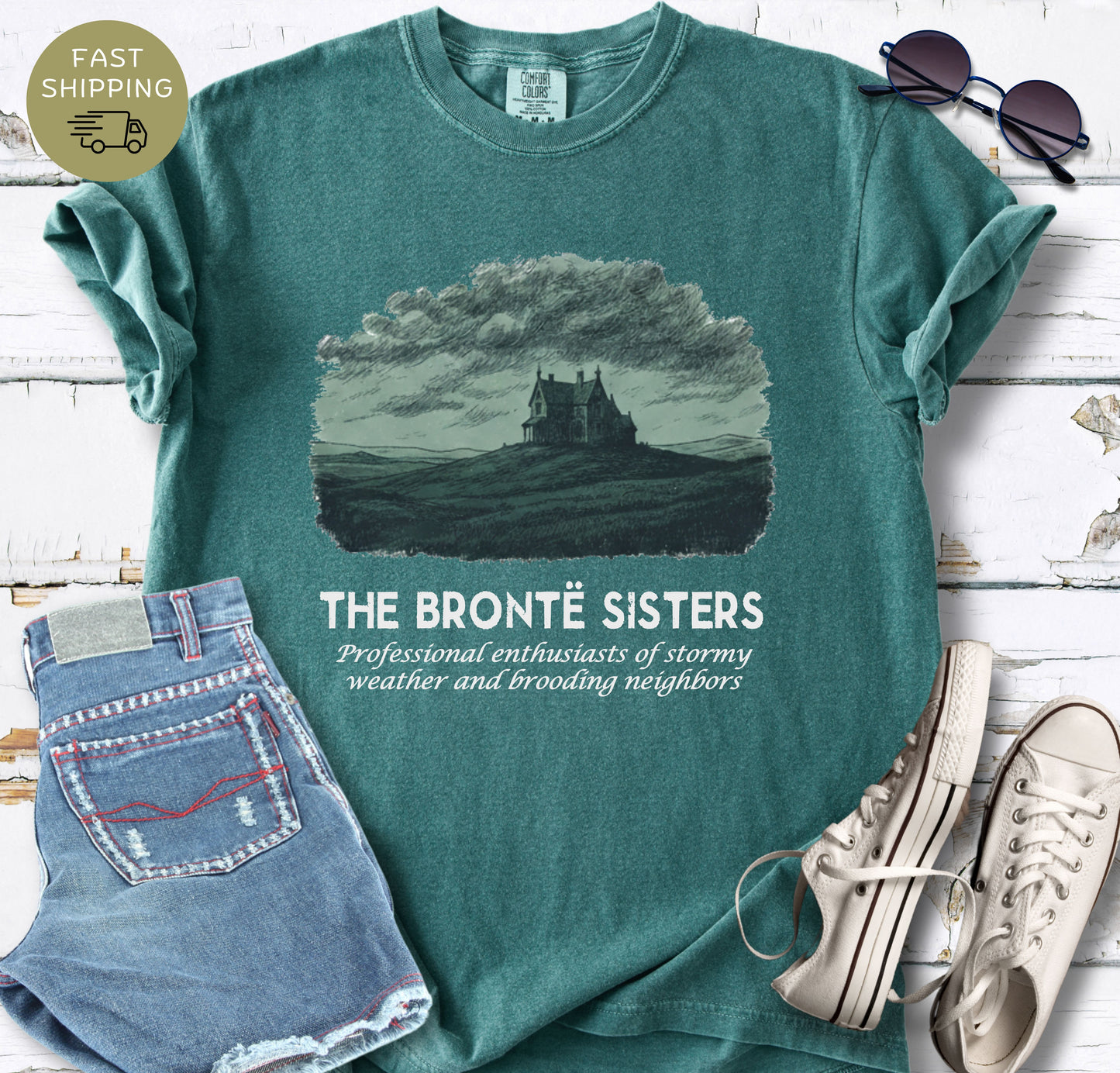 Classic literature shirt featuring stormy house illustration