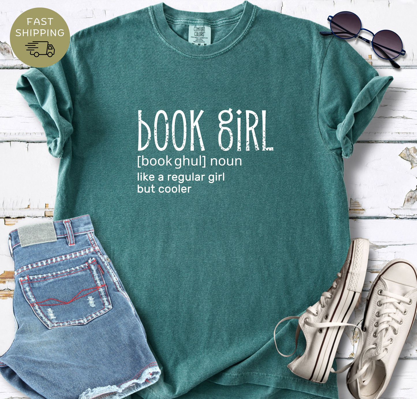 Book girl graphic t-shirt in blue spruce color on Comfort Colors 1717