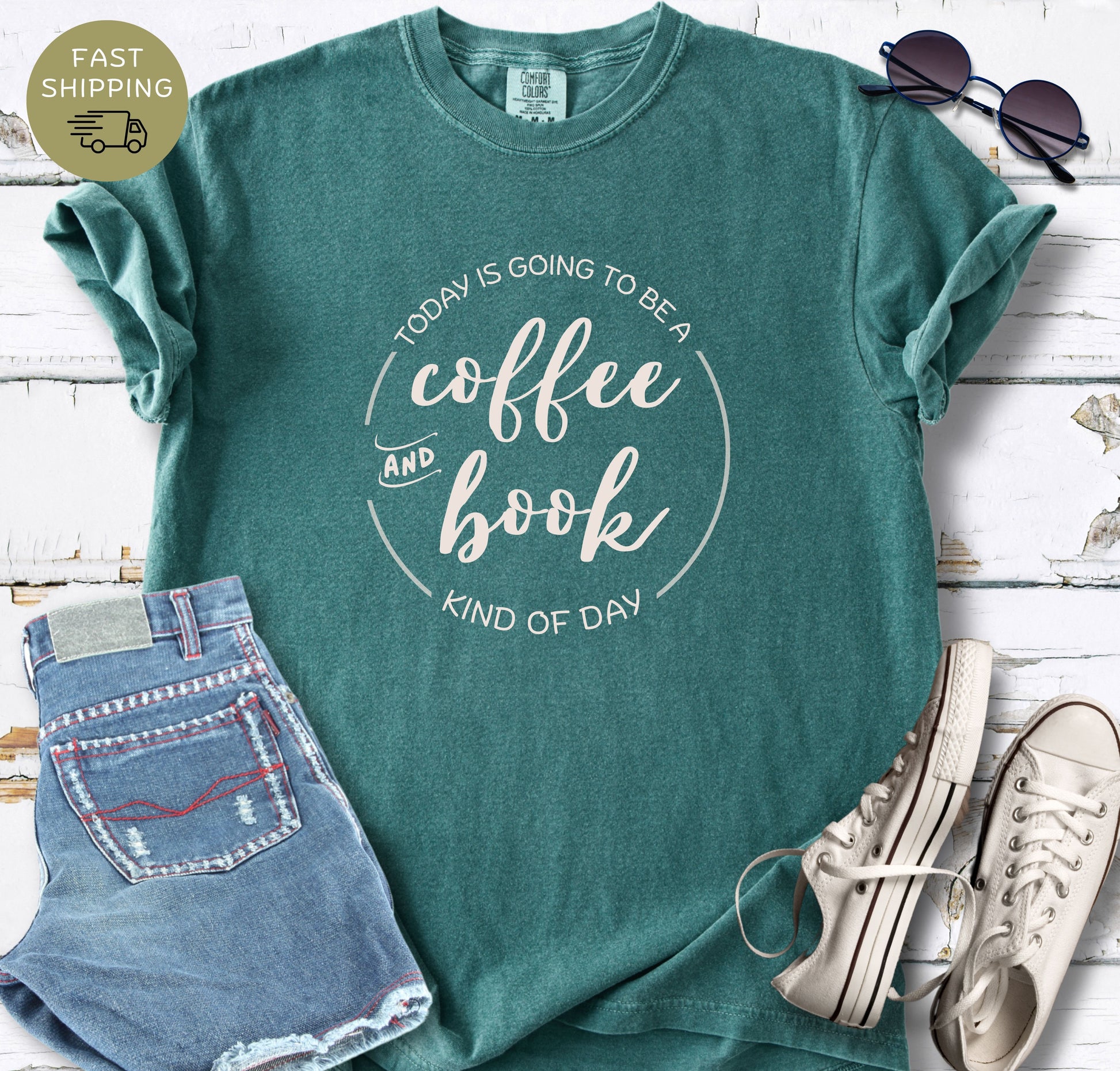 Cute coffee and book lover shirt with soft script typography