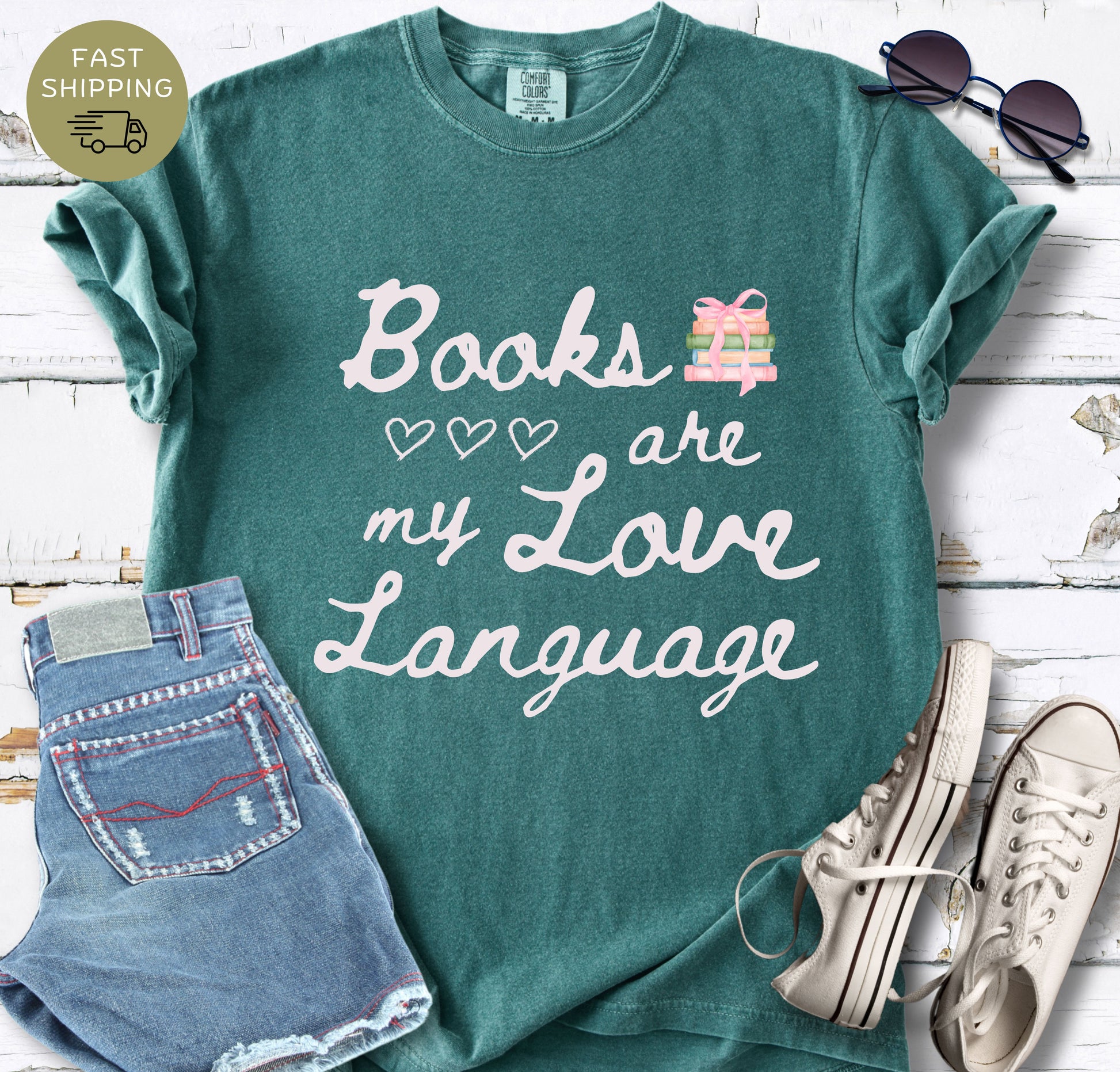 Books Are My Love Language bookish t-shirt printed on Comfort Colors 1717 in blue spruce color