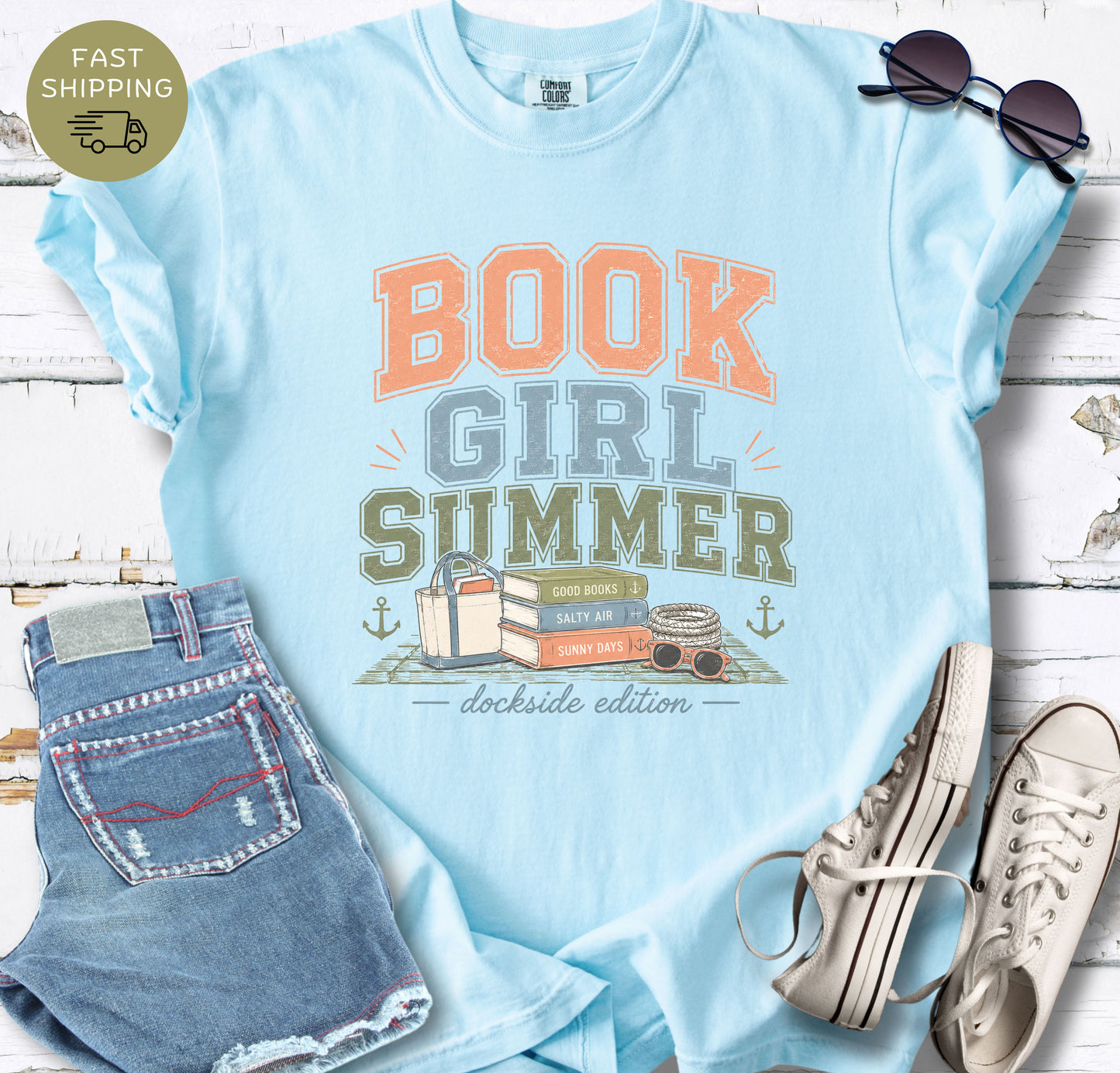 Coastal reader t-shirt with summer vacation and beach reading theme
