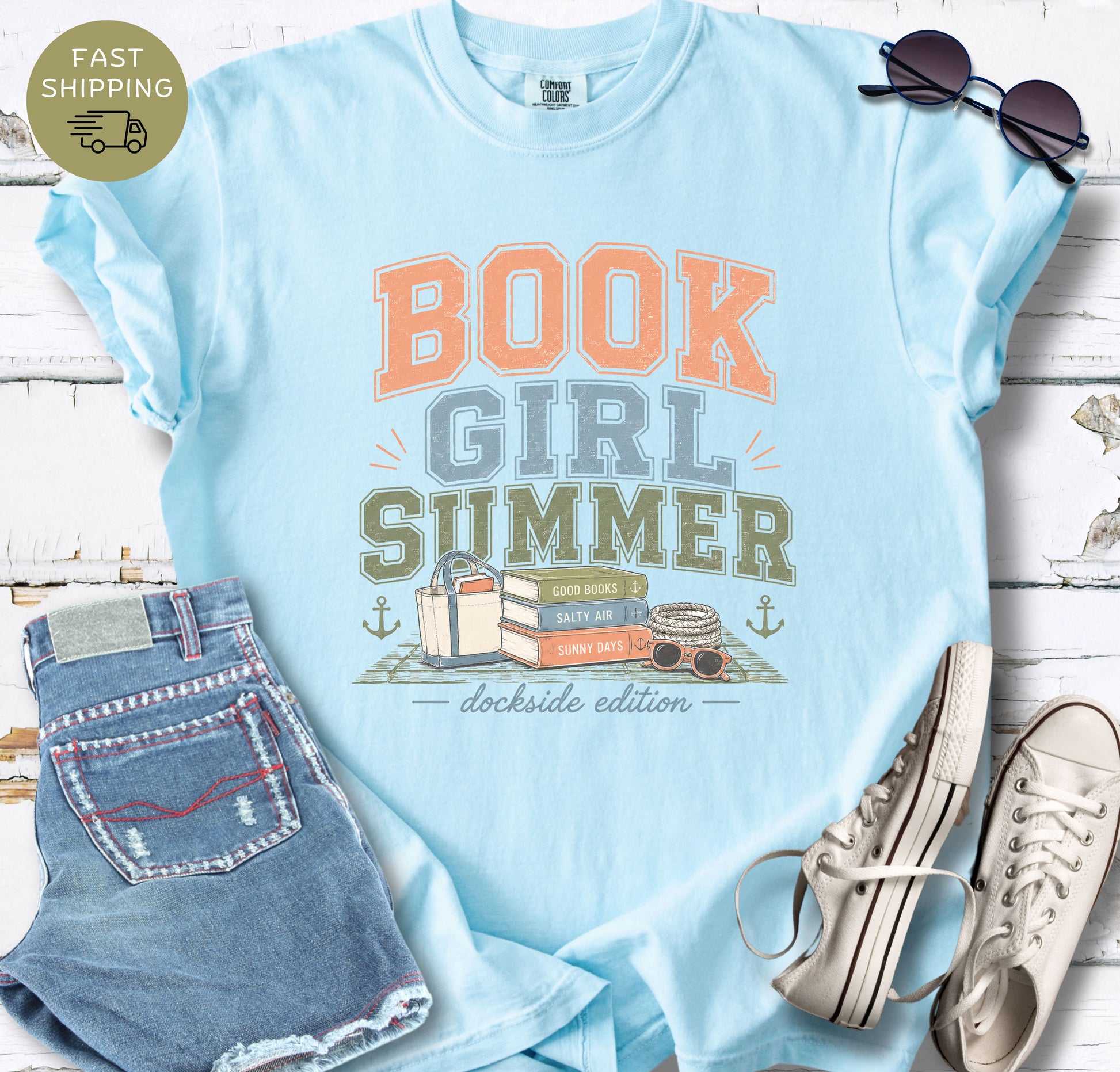 Coastal reader t-shirt with summer vacation and beach reading theme