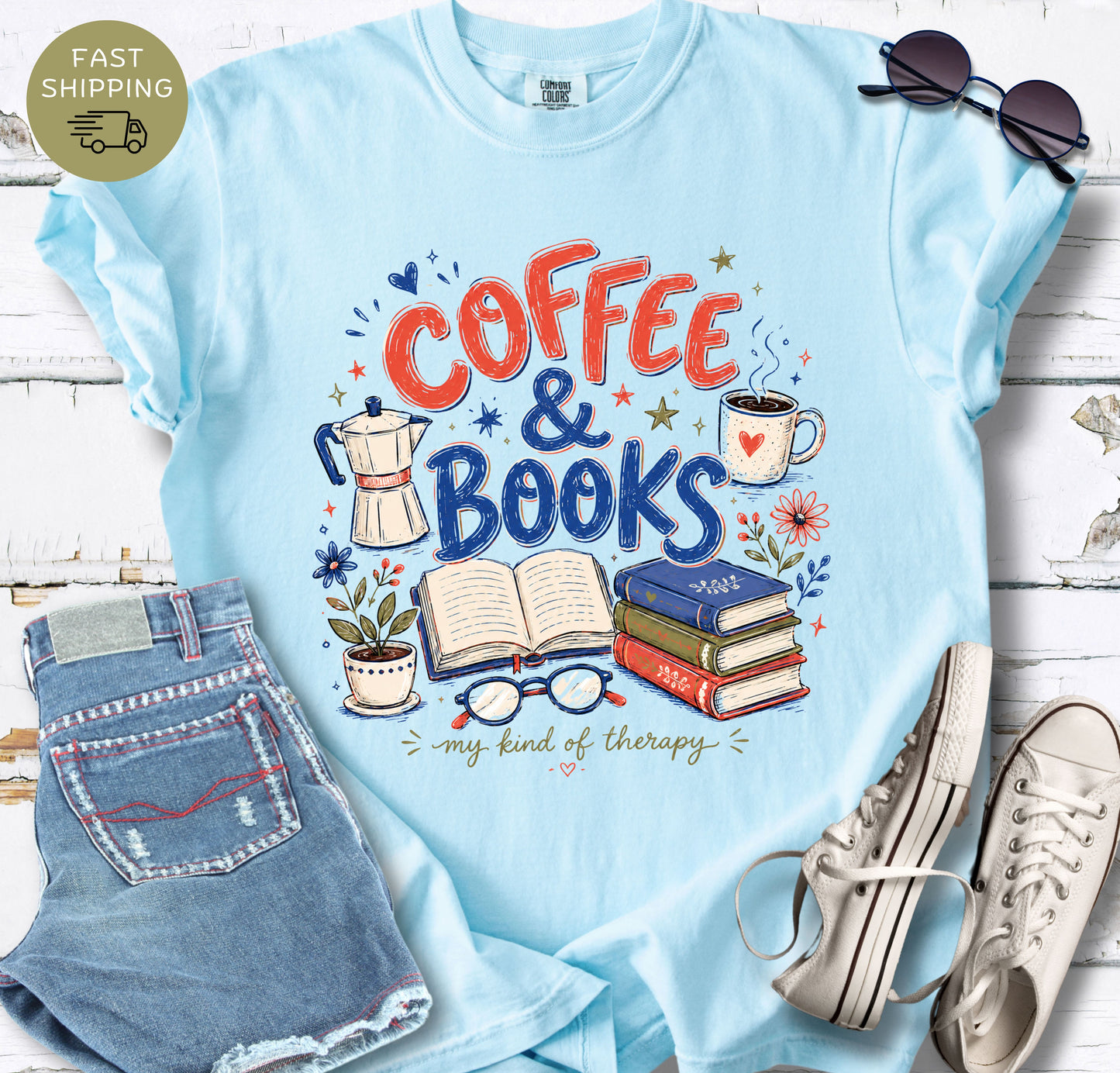 Coffee and books reader gift shirt with illustrated books, moka pot, mug, and floral details.