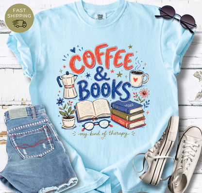 Coffee and books reader gift shirt with illustrated books, moka pot, mug, and floral details.