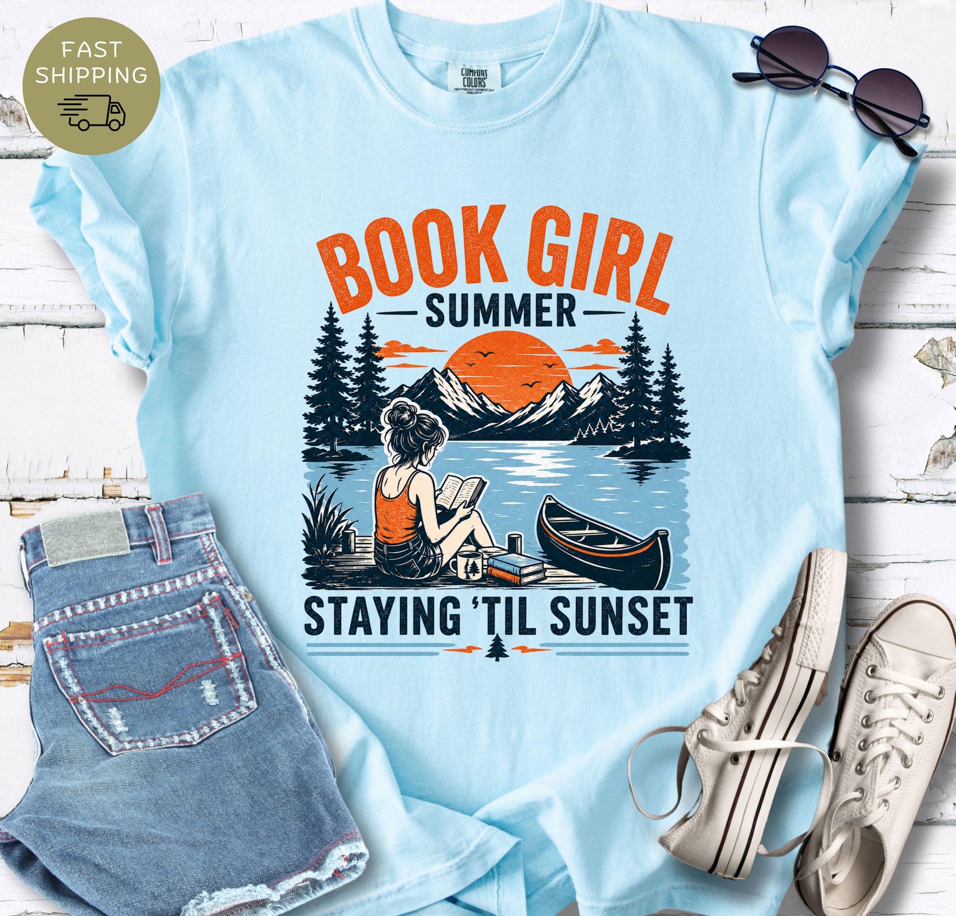 Comfort Colors t-shirt with “Book Girl Summer Staying ’Til Sunset” lake reading design