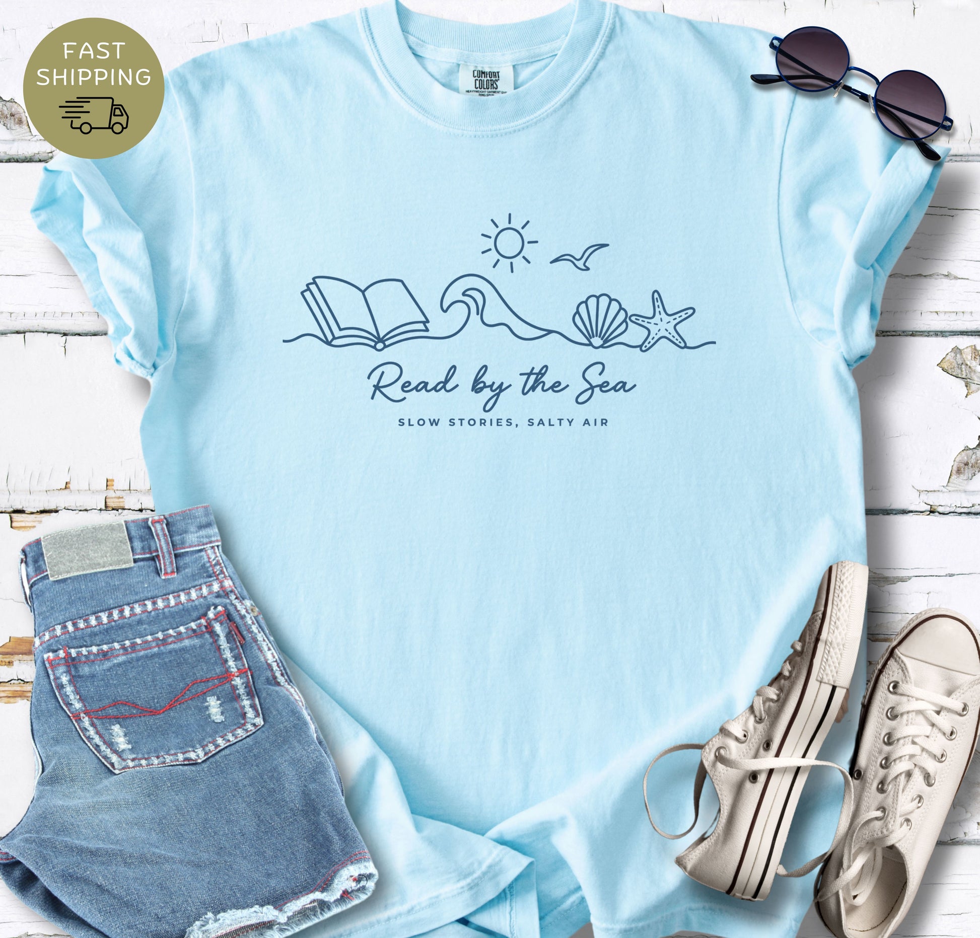 Chambray blue bookworm shirt perfect for summer vacation outfits