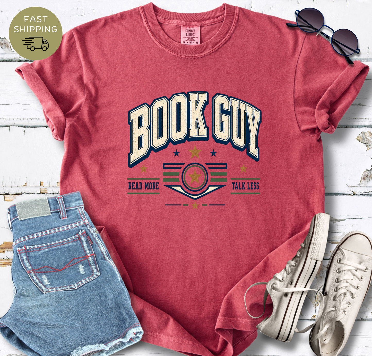 Crimson bookish shirt with collegiate Book Guy typography design