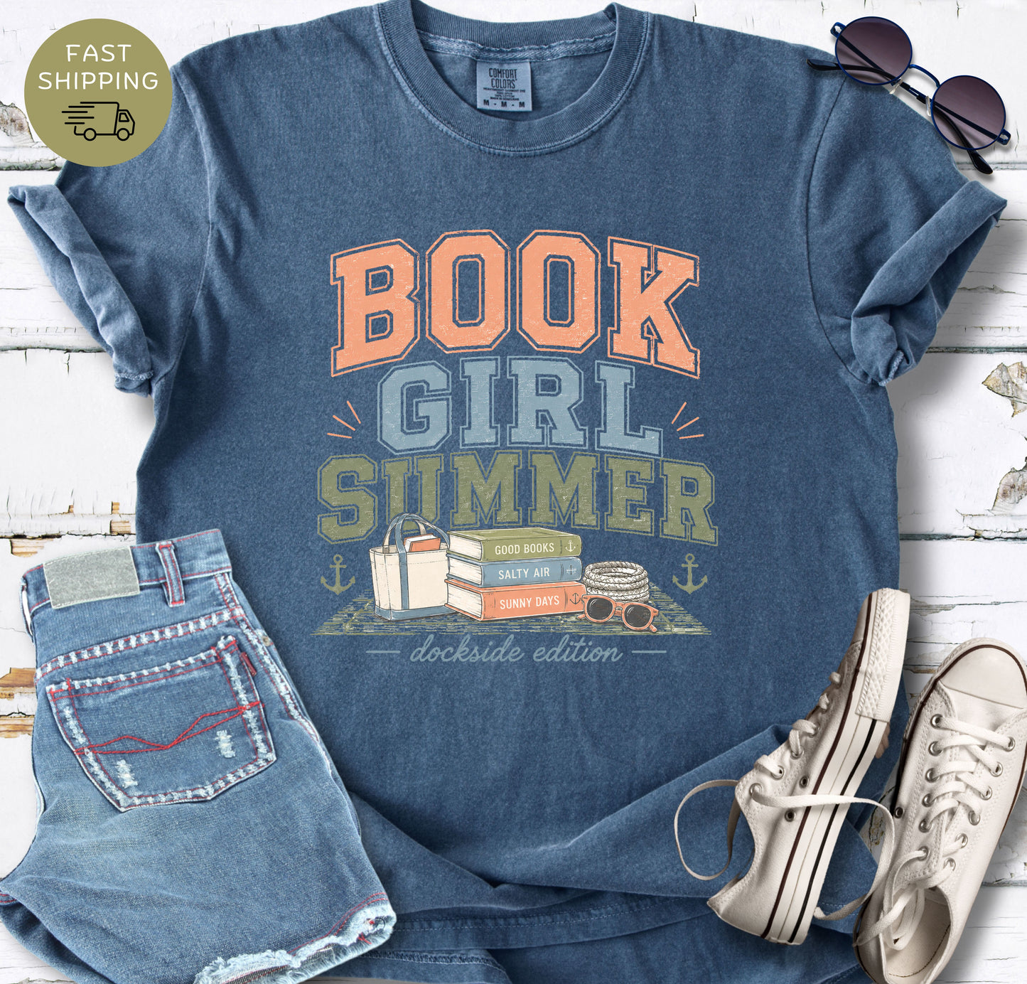 Denim Comfort Colors t-shirt with “Book Girl Summer” coastal reading design