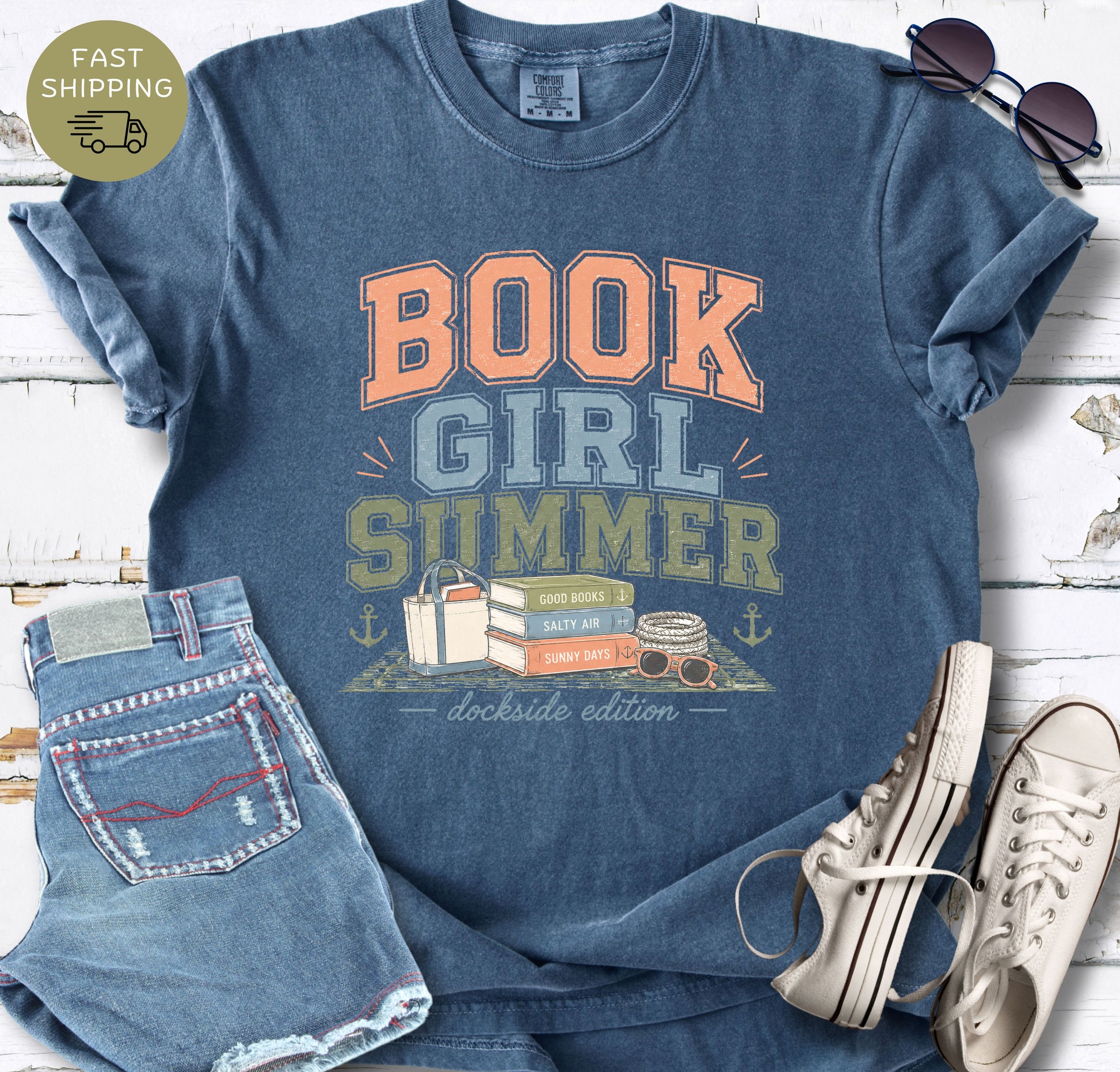 Denim Comfort Colors t-shirt with “Book Girl Summer” coastal reading design