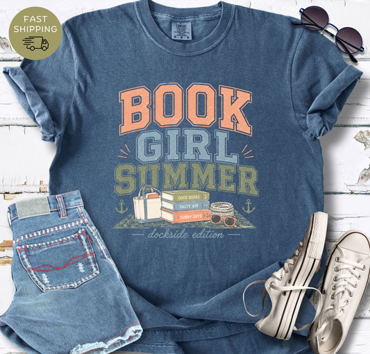 Denim Comfort Colors t-shirt with “Book Girl Summer” coastal reading design