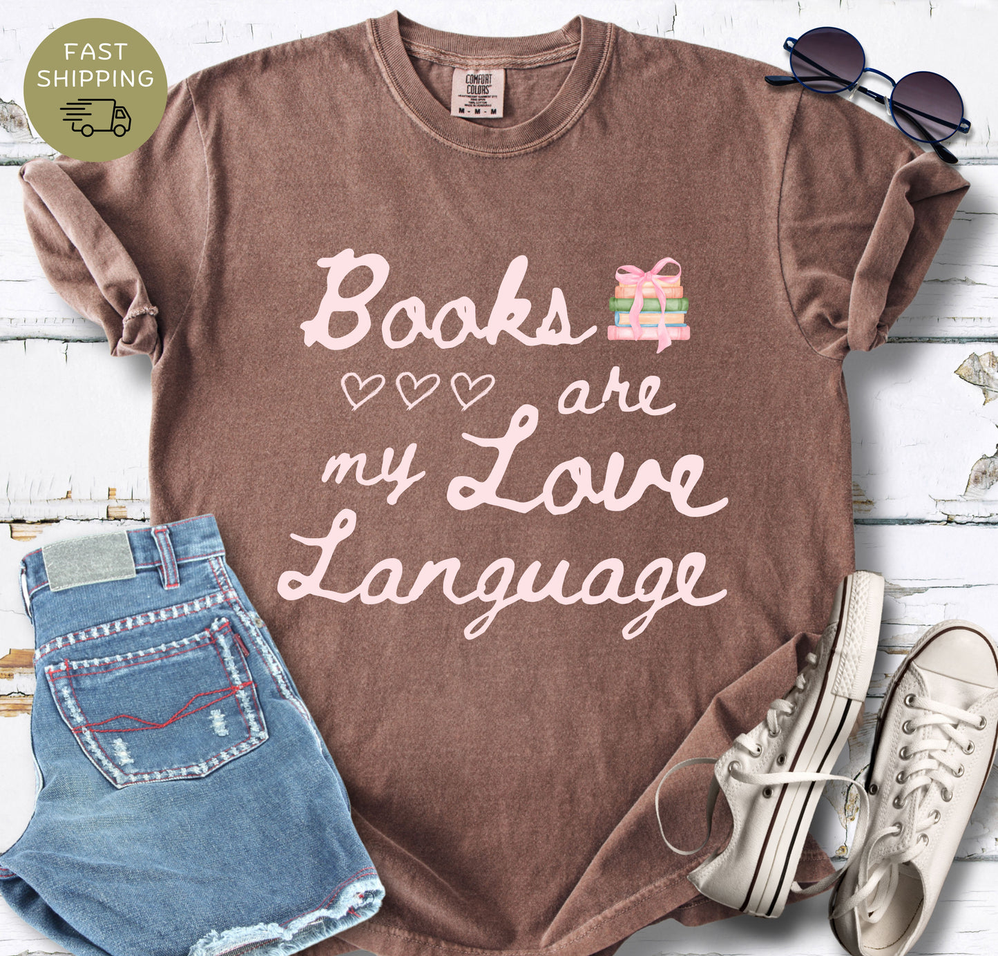 Books Are My Love Language bookish t-shirt printed on Comfort Colors 1717 in espresso color