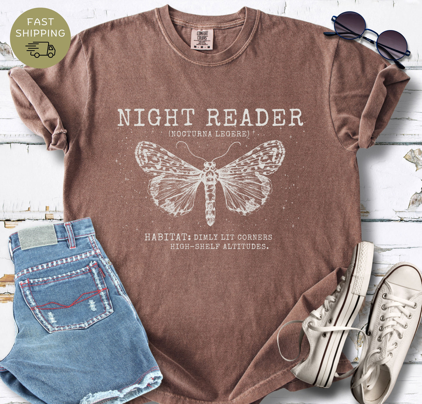 Comfort Colors 1717 espresso reader tee with moth illustration and vintage text