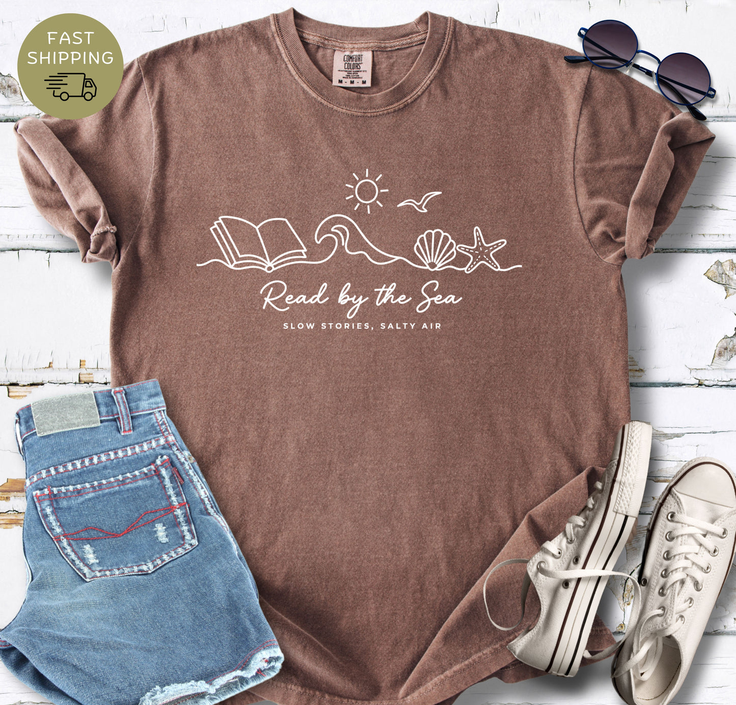 Comfort Colors espresso tee for book lovers who read by the ocean