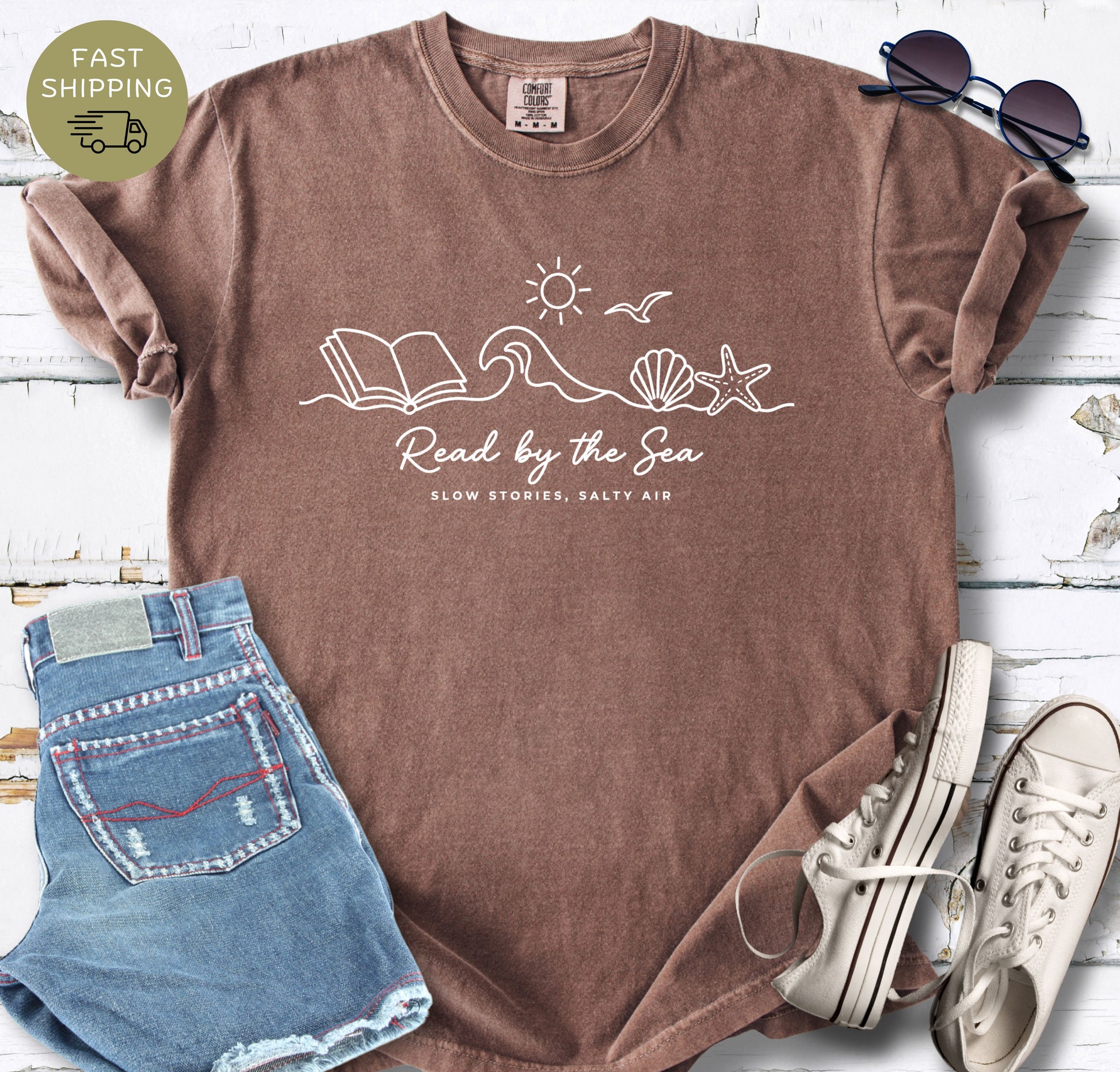 Comfort Colors espresso tee for book lovers who read by the ocean