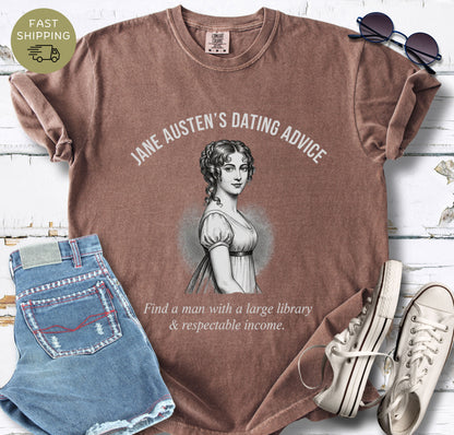 Bookish aesthetic tee in Espresso with vintage Jane Austen illustration