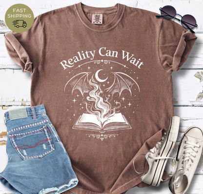Reality Can Wait fantasy bookish t-shirt with open book and magical design on Comfort Colors 1717 espresso