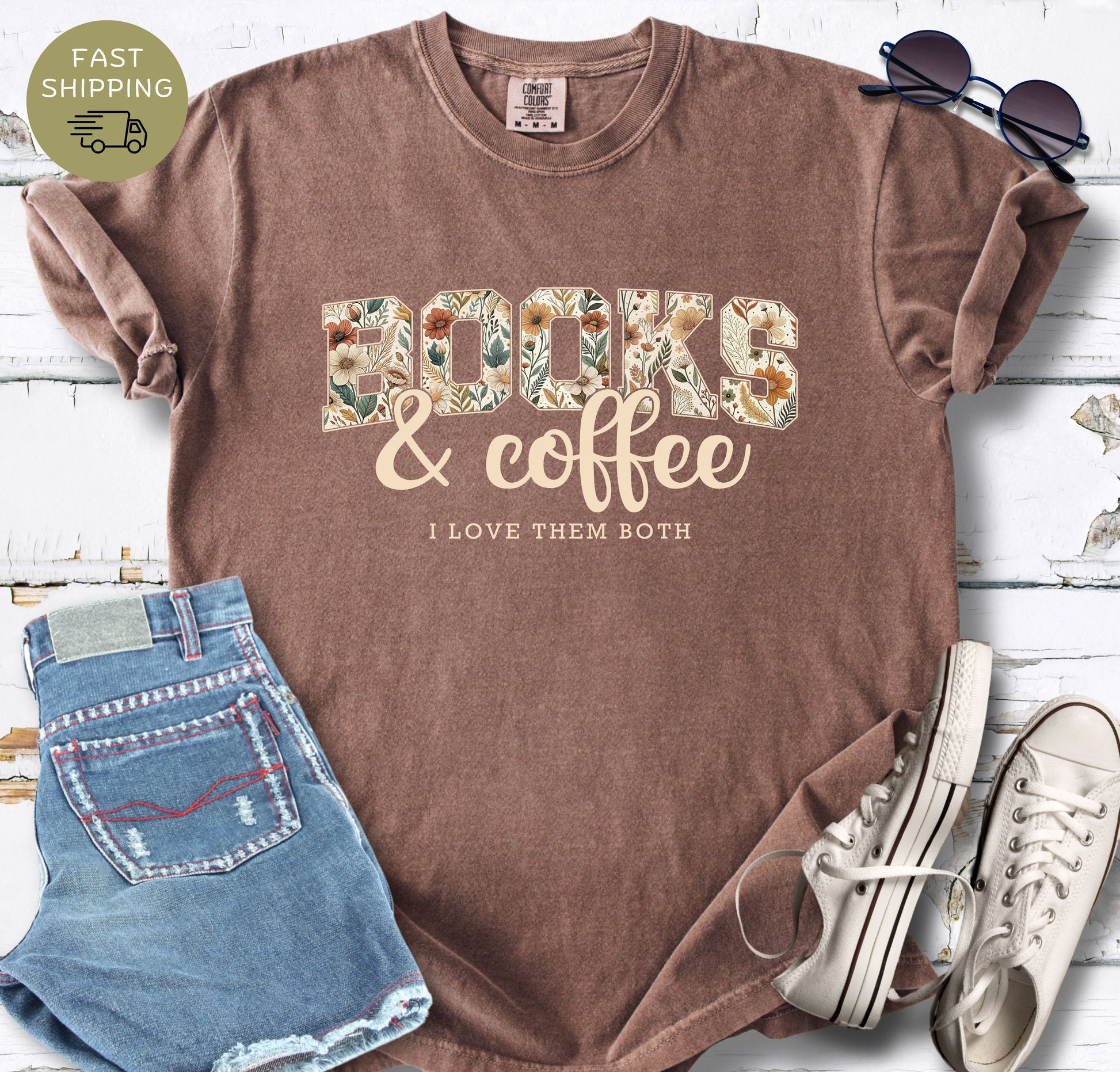 Cozy reader shirt celebrating books and coffee