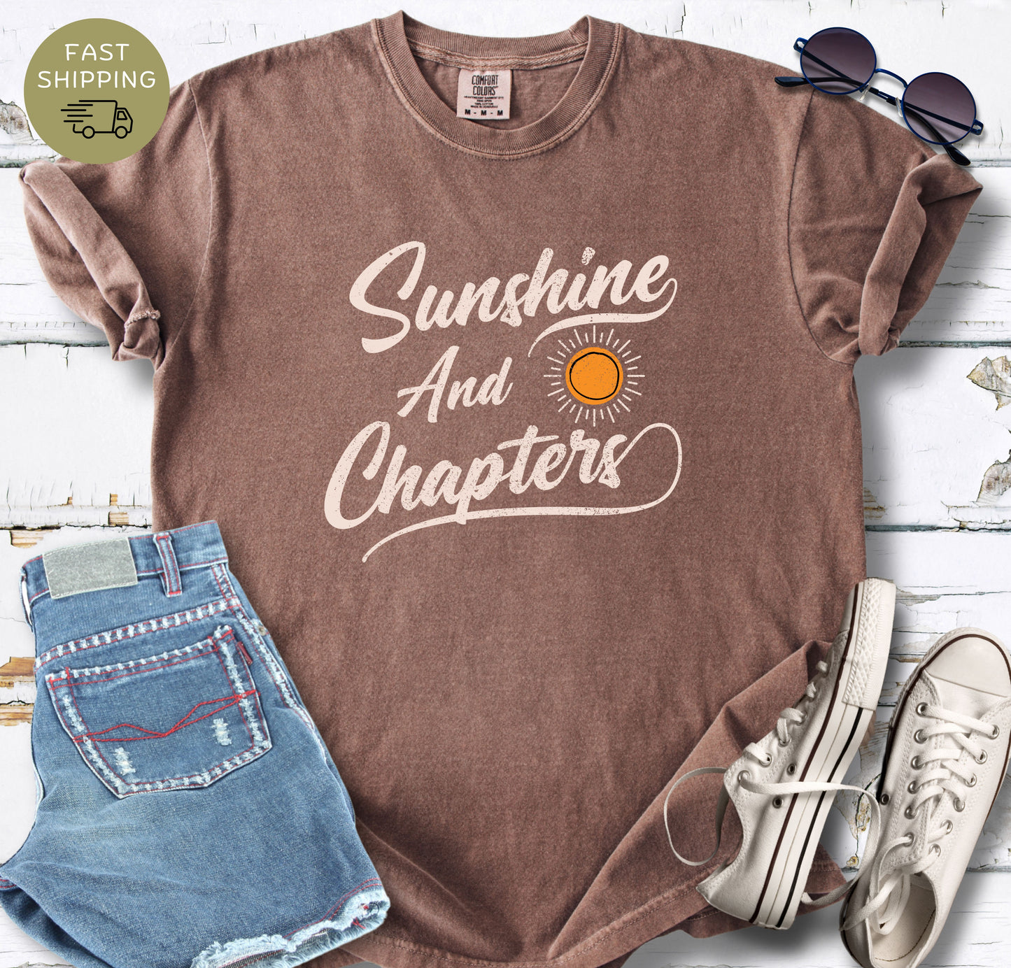Comfort Colors book lover tee in espresso with 'Sunshine And Chapters' vintage script design