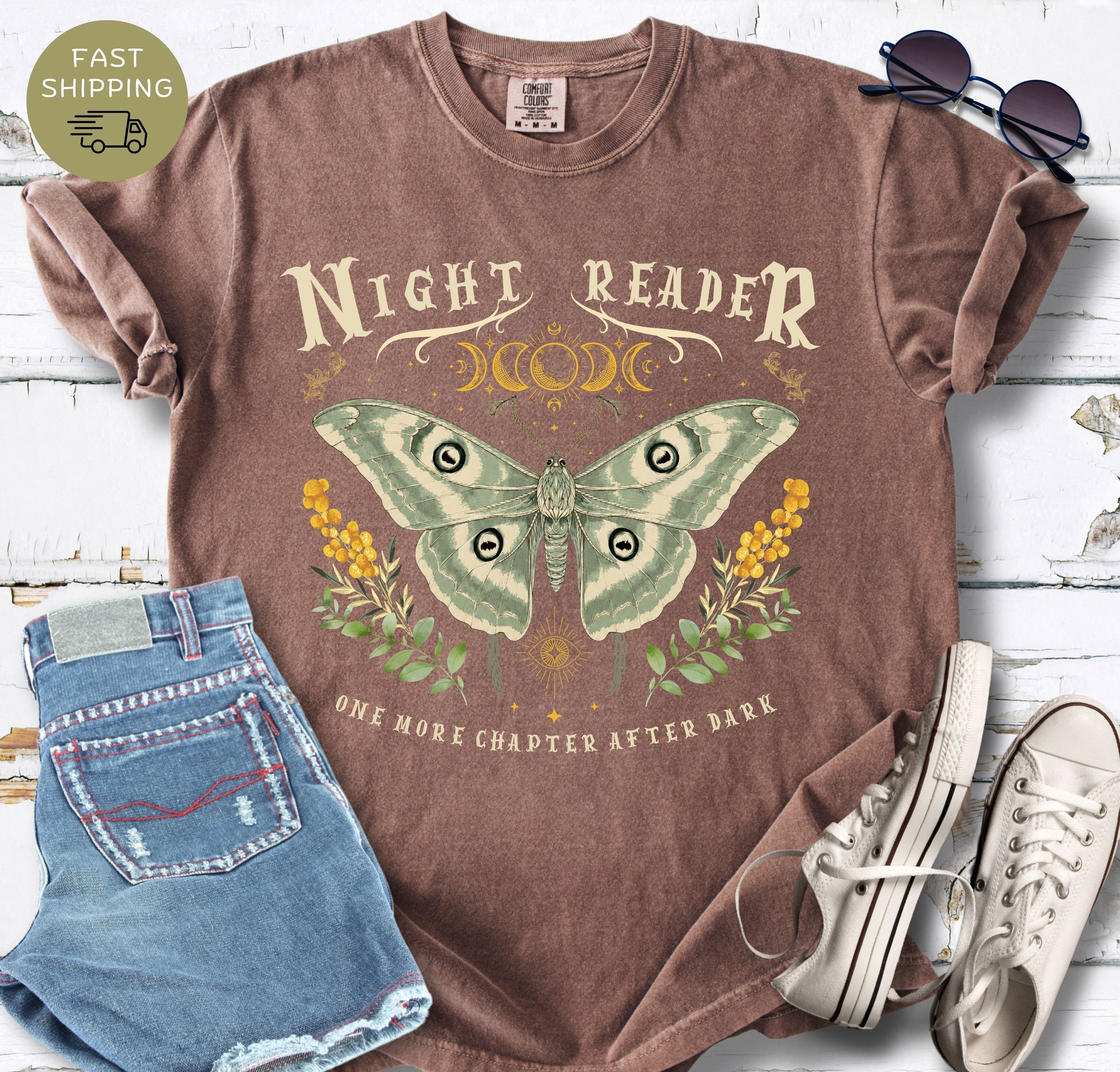 Casual lifestyle mockup of an espresso bookish shirt with a magical night reader graphic.