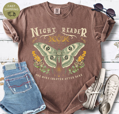 Casual lifestyle mockup of an espresso bookish shirt with a magical night reader graphic.