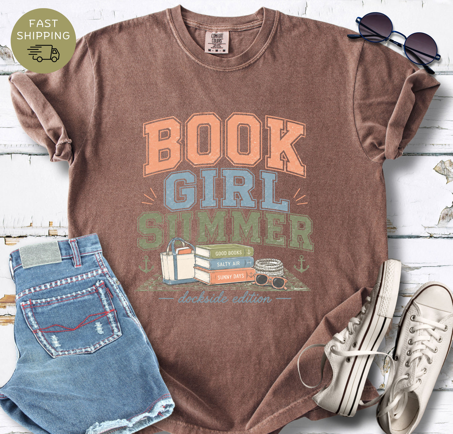 Coastal reader t-shirt with summer vacation and beach reading theme