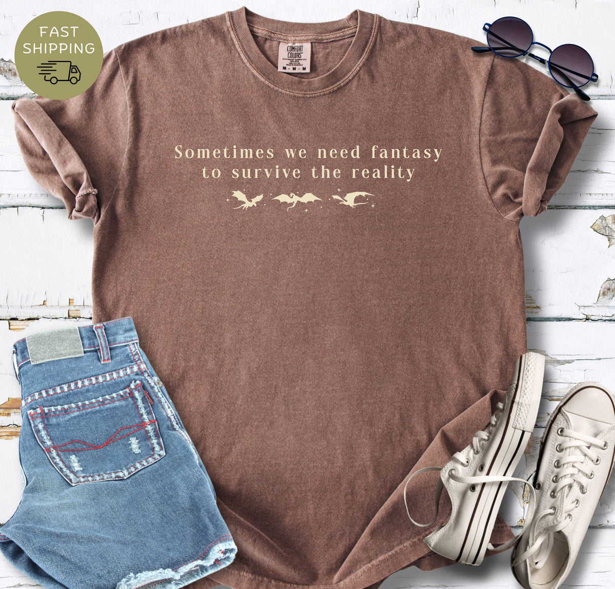 Dragon lover bookish tee with soft cream text on a espresso Comfort Colors shirt.