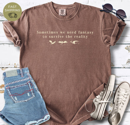 Dragon lover bookish tee with soft cream text on a espresso Comfort Colors shirt.