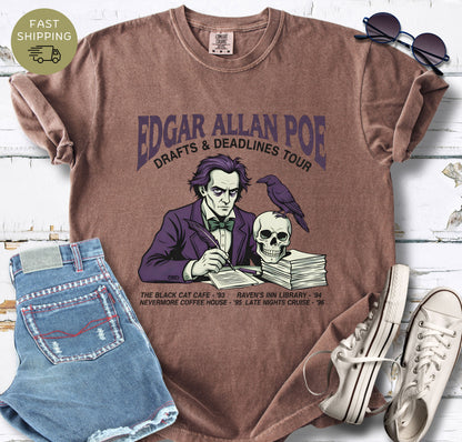 Espresso shirt with Illustrated Edgar Allan Poe wearing a purple suit, writing at a desk with a raven and skull, styled like a vintage literary tour t-shirt design.