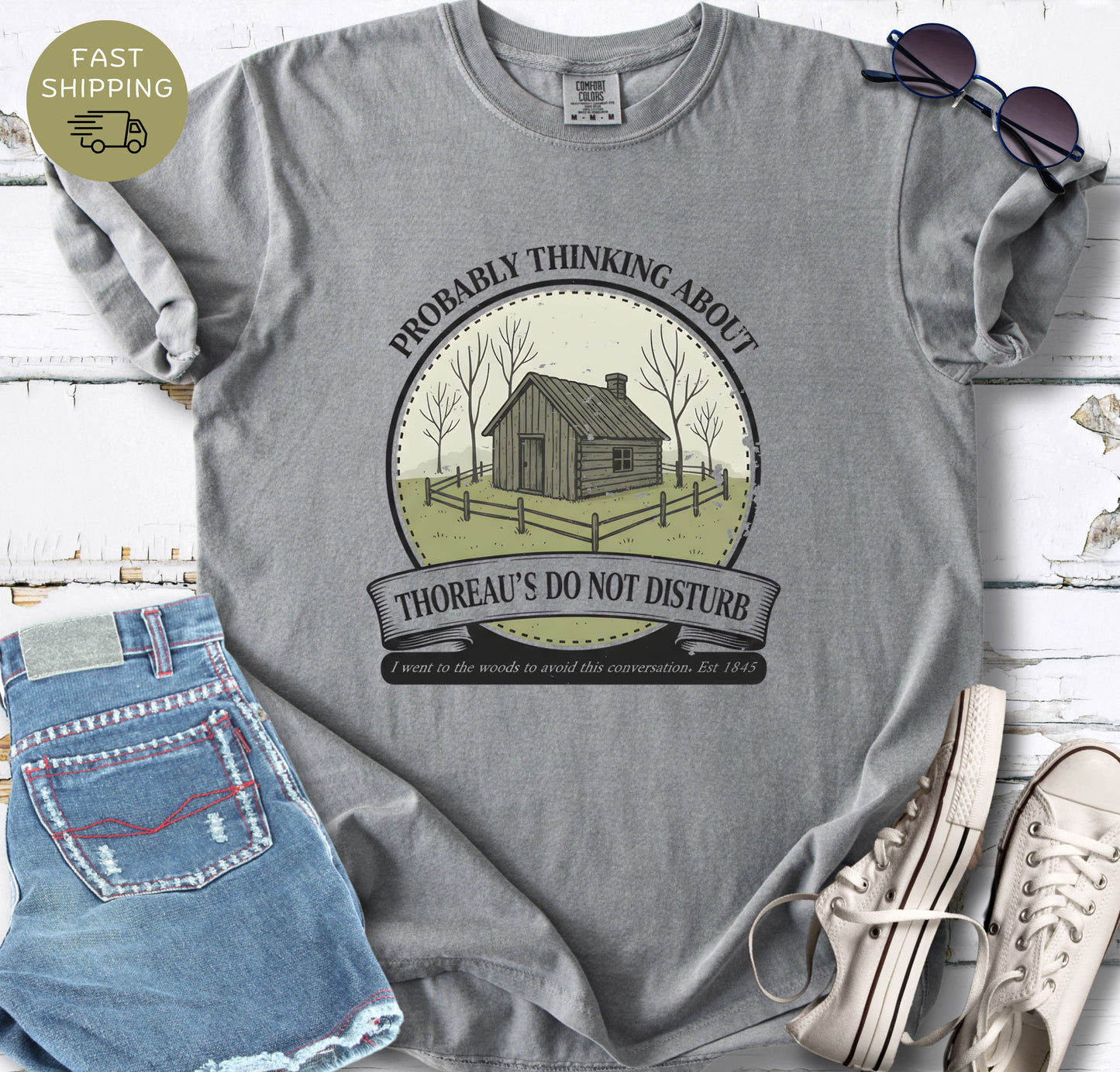 Literary introvert shirt featuring vintage cabin art inspired by Walden