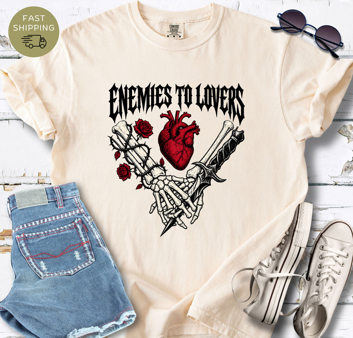 Comfort Colors ivory shirt with dramatic enemies to lovers graphic design