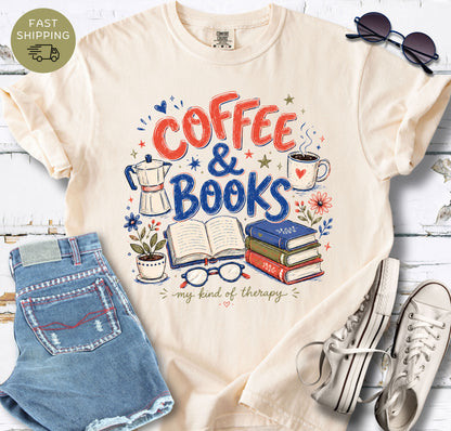 Ivory book lover tee with hand-drawn coffee and books design for cozy reading days.

