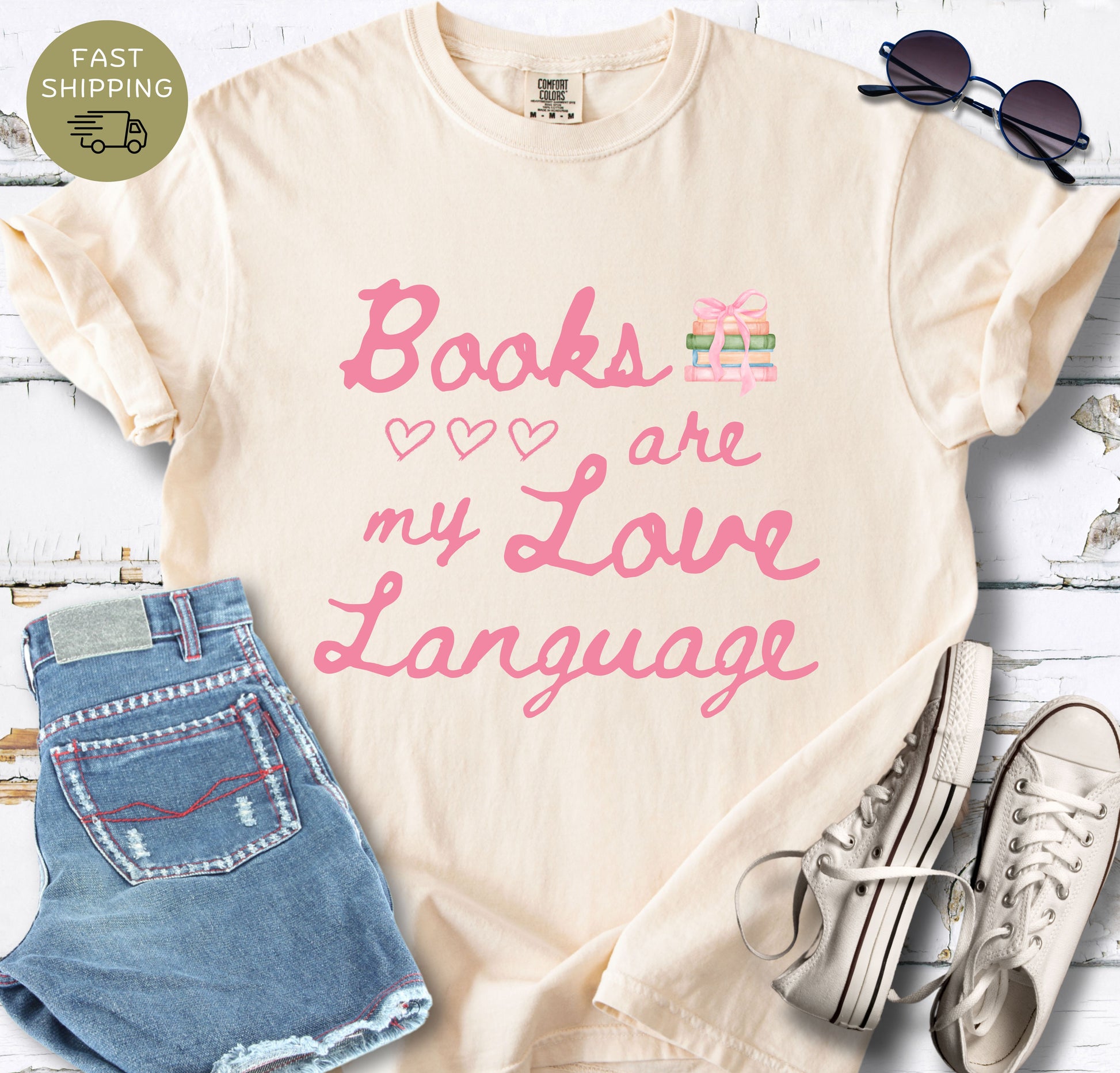 Books Are My Love Language bookish t-shirt printed on Comfort Colors 1717 in ivory color