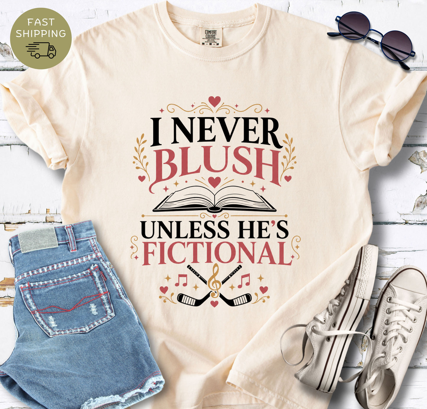 Ivory Comfort Colors t-shirt with “I Never Blush Unless He’s Fictional” romance reader design