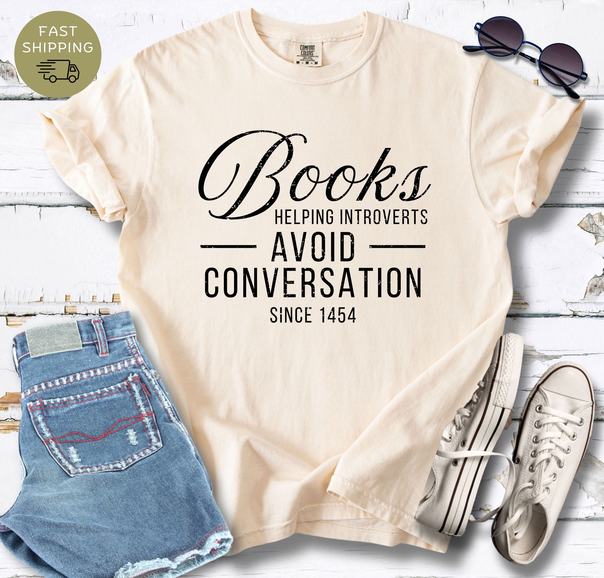 Ivory bookish t-shirt with vintage typography for introverted readers