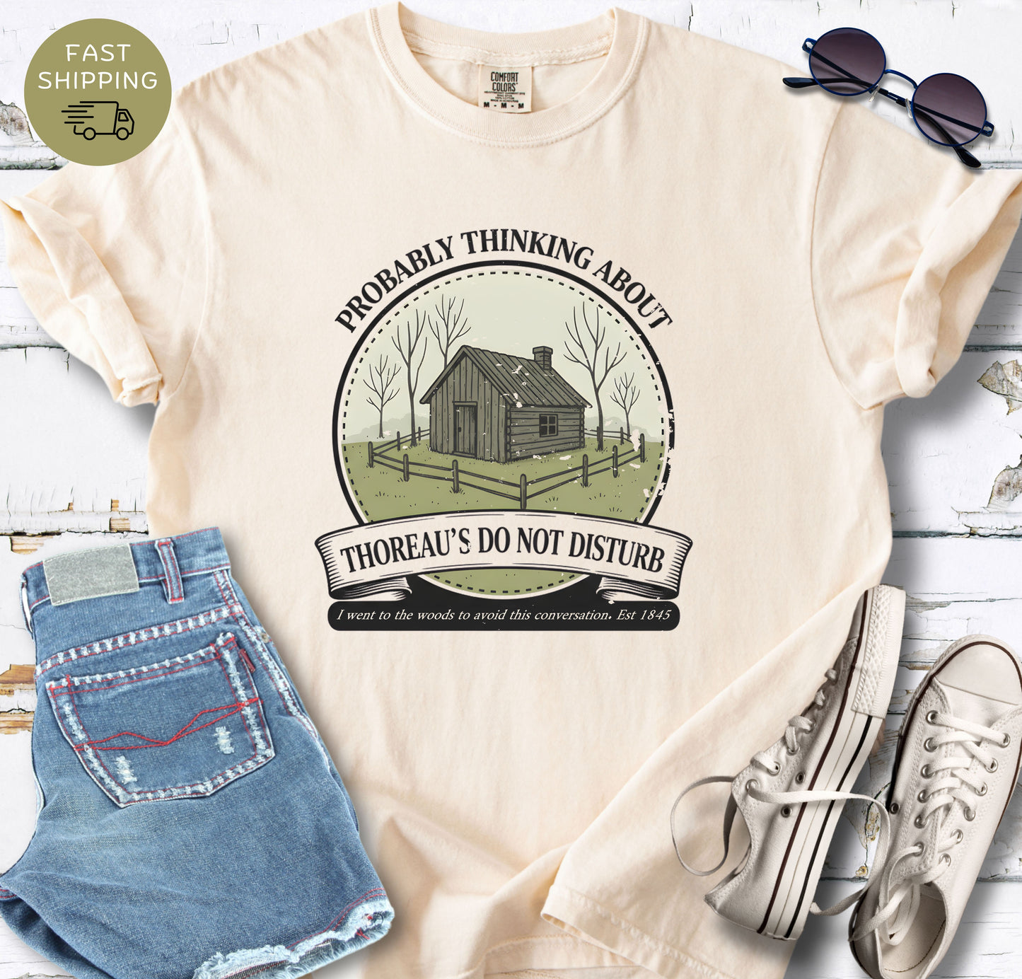 Comfort Colors 1717 Ivory t-shirt with Thoreau do not disturb cabin illustration design