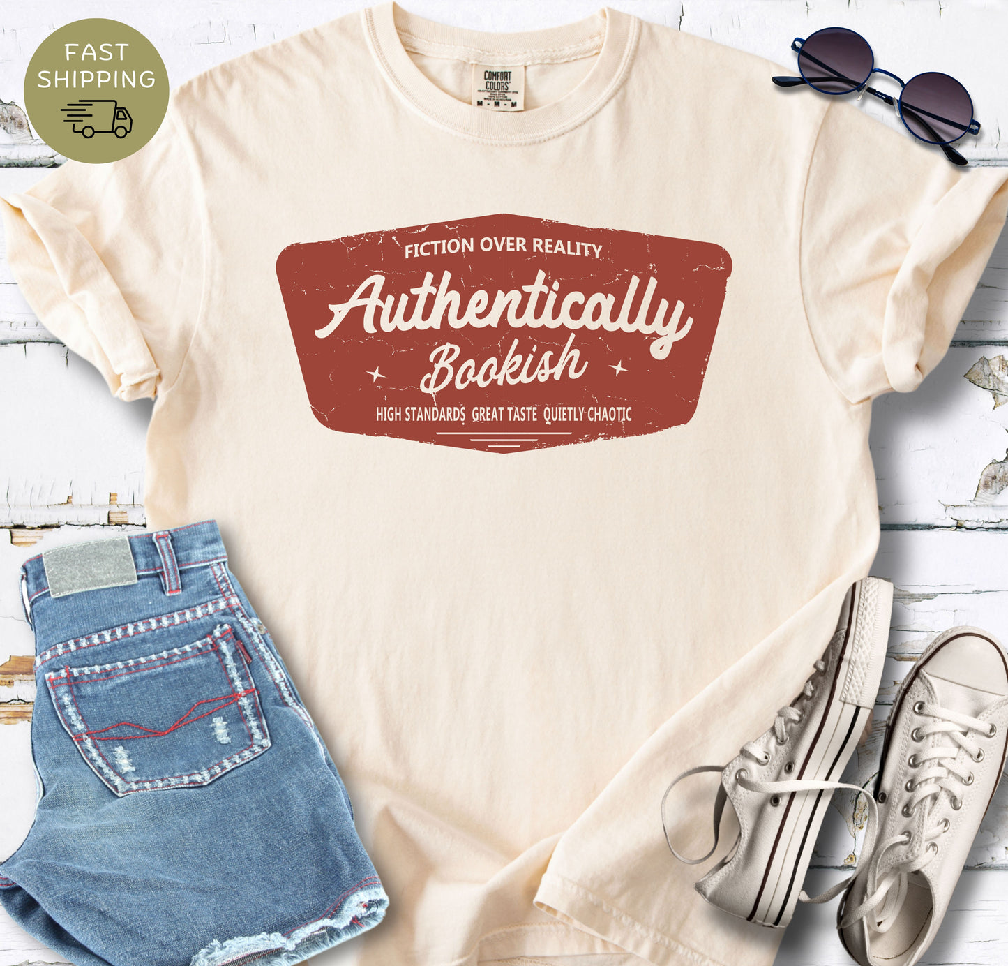 Ivory reading shirt with vintage bookish quote design