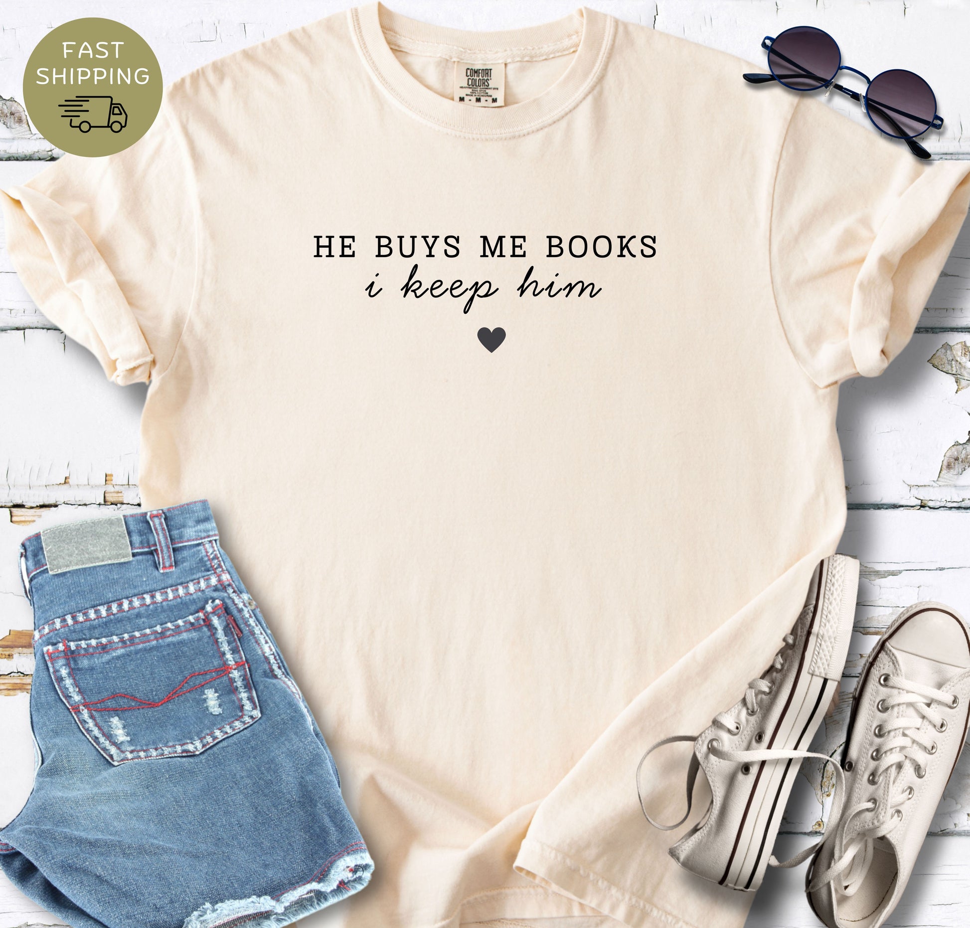 Ivory bookish t-shirt with romantic book lover quote