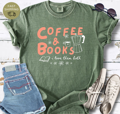 Book lover graphic tee with coffee-themed artwork, including a moka pot, mug and open book illustration.