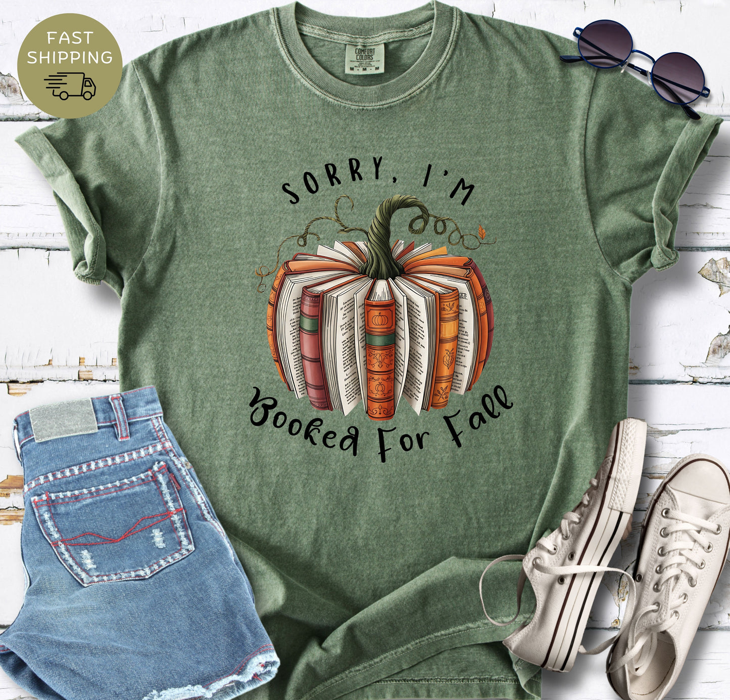 Moss Comfort Colors t-shirt with Sorry I’m Booked for Fall book pumpkin design.