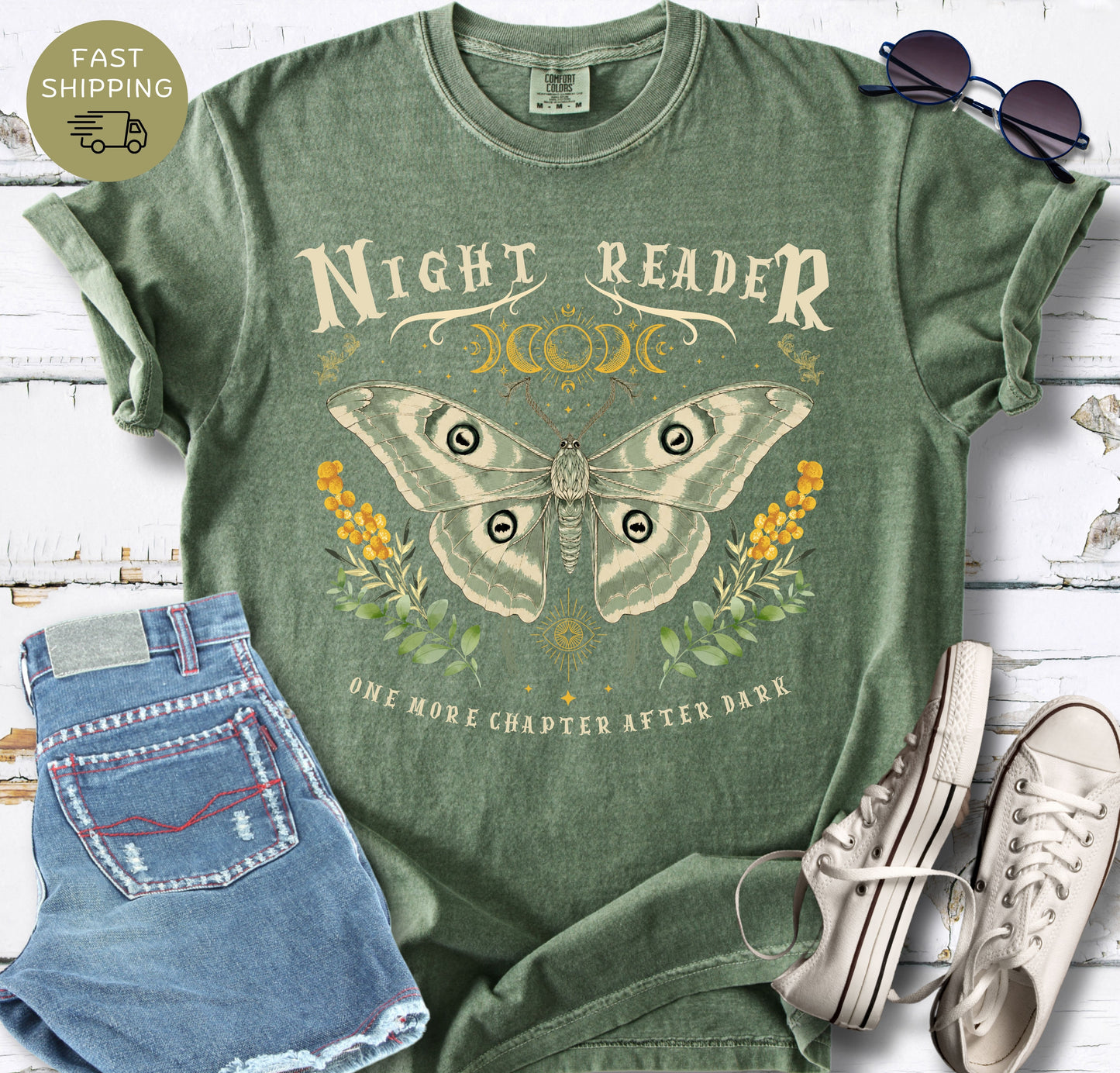Fantasy reader gift shirt featuring a luna moth, celestial symbols and bookish typography.